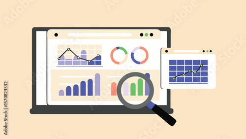 Illustration of a laptop displaying various data charts and a magnifying glass examining data trends