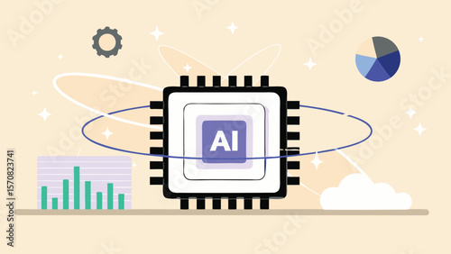 Illustration of a central processing unit with ai text surrounded by data visualizations and gears
