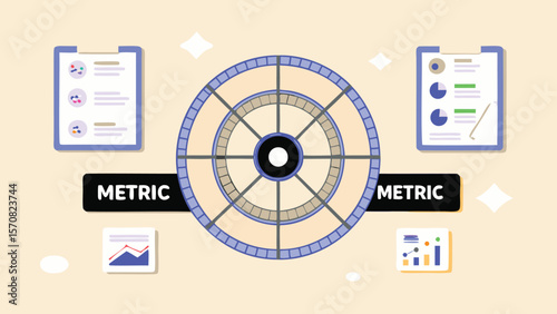 Wheel diagram with metrics and data charts showing analysis and performance indicators reports view