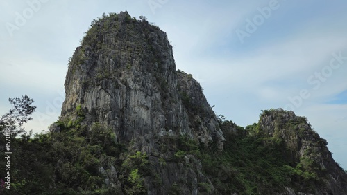 Steep limestone cliff covered with patches of green vegetation and rugged rock formations of Ha Long Bay, Vietnam.	
