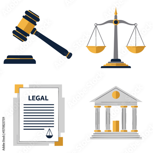 Collection of flat design legal icons including gavel scales document and courthouse