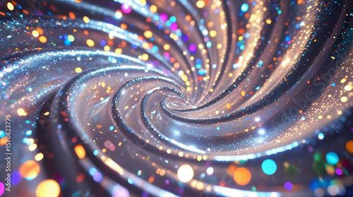 Silver glitter vortex with floating colorful speckles, surreal abstract explosion of light and shimmer, multidimensional kaleidoscopic glow, fantasy background, cosmic sparkle