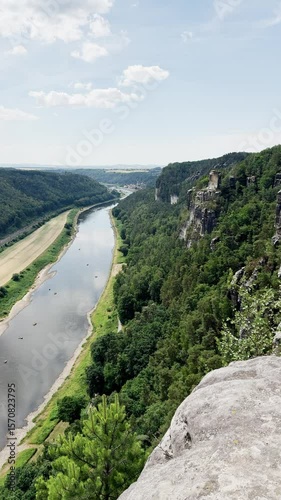 Saxon Switzerland National Park, rocky terrain valley, river canal, ugc landscape from height, stone mountains, view of the river.