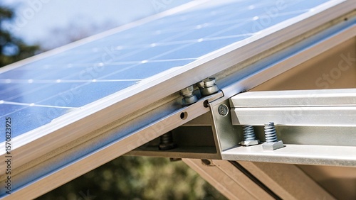 Detailed Close-up of a Mounted Solar Panel Showing Installation Hardware and Crystalline Cells