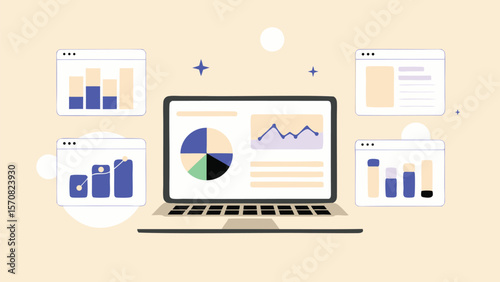 Laptop displaying pie chart and line graph with surrounding charts and light background design