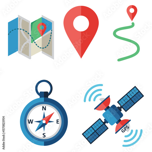 Collection of navigation and location icons including maps pins routes compass and satellite