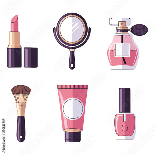 Collection of pink beauty products including lipstick mirror perfume brush cream and nail polish