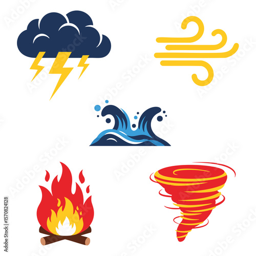 Collection of five distinct weather and natural disaster icons on a white background