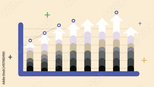 Illustration of a bar graph with upward arrows showing growth and a line graph with circles