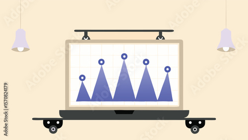 Laptop displaying a blue line chart with circular markers in a room with hanging lamps and a shelf