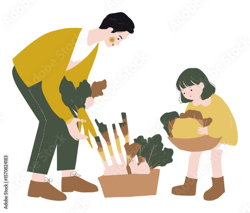 Family Gardening Together with Fresh Vegetables in Vector Illustration Style