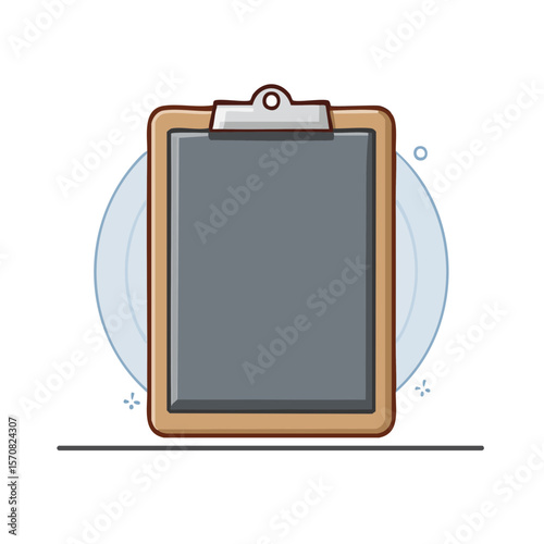 Cartoon clipboard with blank gray space against black background for message icon