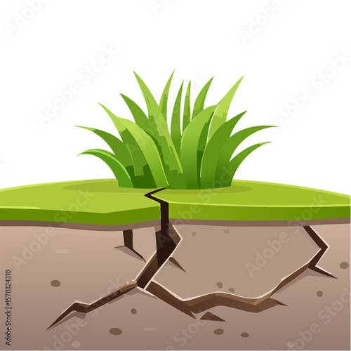 Cracked Earth with Patch of Green Grass and Soil Texture