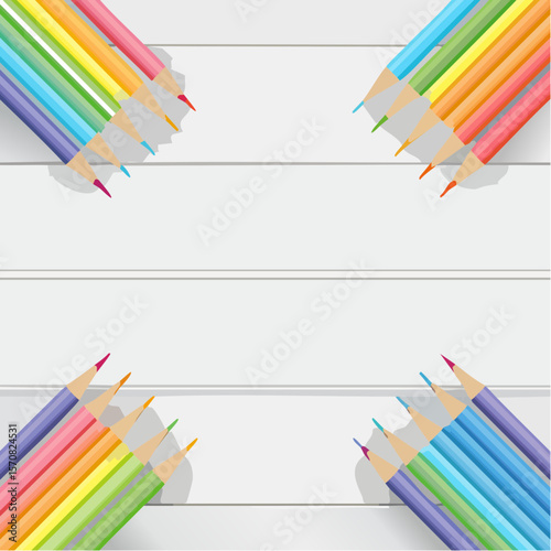 Colorful Pencils Border on Wooden Background - Art, Design and Creativity Concept