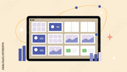 Tablet display showing a grid of various content types and bar graphs in a modern design style