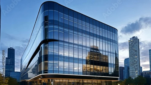 Architectural Showcase: Modern Glass Building Reflecting Chicago's Skyline at Dusk, urban