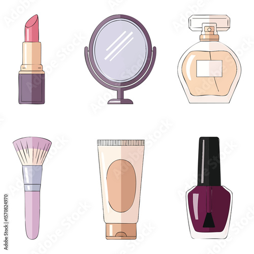 Collection of cosmetic products including lipstick makeup brush nail polish and perfume