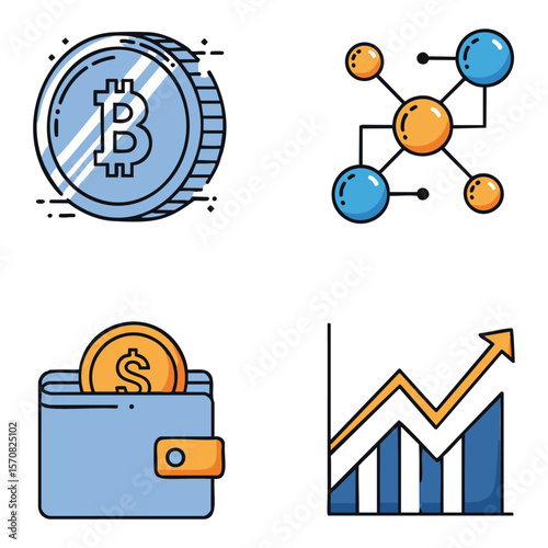 Bitcoin digital currency wallet and financial growth chart icons