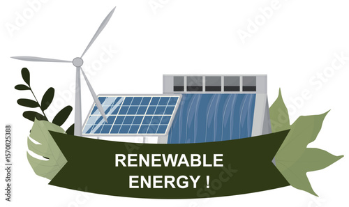 Renewable Energy Sources isolated on transparent background. Green renewable energy concept featuring wind turbine, solar panels, and hydroelectric dam with sustainable technology banner. iIlustration