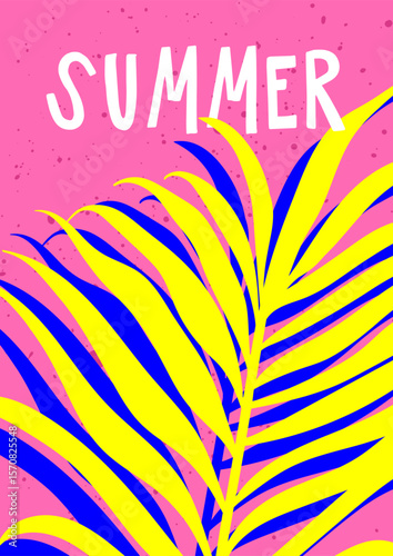 Tropical summer poster design with bold palm leaf. Exotic paradise plant, card with neon colors in modern trendy retro 80s style. Bright beach and jungle background. Flat vector illustration