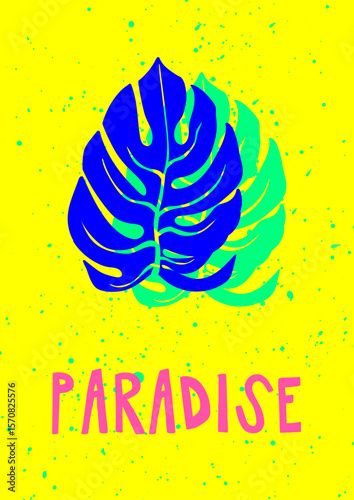 Summer poster design with bright bold monstera leaf plant. Exotic paradise vacation card in modern retro style. Funky background, nature and typography. Trendy colored flat vector illustration