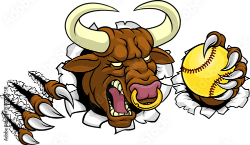 A bull or Minotaur monster longhorn cow angry mean softball mascot cartoon character.