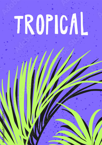 Tropical summer card with palm tree leaf in modern retro style. Bright funky exotic poster design for beach vacation. Sunny background with jungle paradise leaves. Trendy flat vector illustration