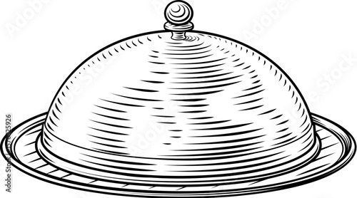 Classic woodcut style illustration of covered cloche serving plate bell platter dish. Ideal for culinary branding, restaurant menus, hospitality logos, or vintage food service themed designs.
