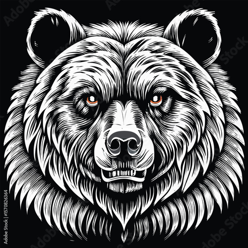 Intense grizzly bear head with fierce eyes and detailed fur silhouette