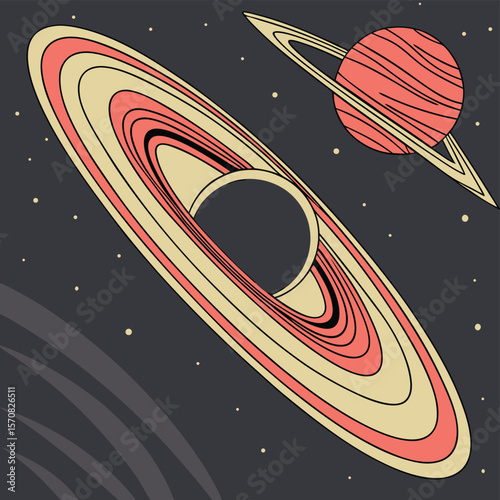 Celestial Cosmos: An illustration of a black hole with orbiting rings and a nearby celestial body in a vast expanse of outer space.