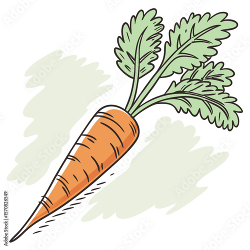 Fresh Carrot in Garden: A vibrant and healthy carrot, complete with its leafy green top, is illustrated in a whimsical style, depicting freshness and natural goodness.