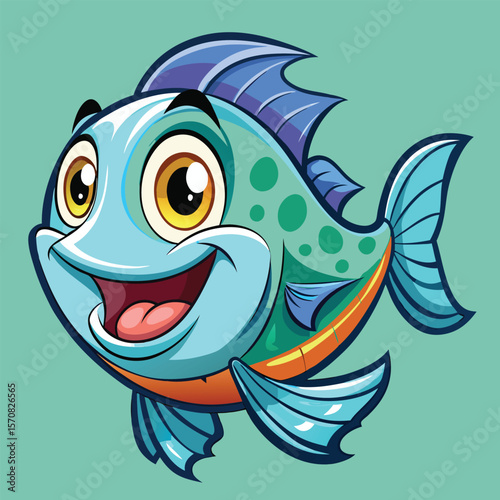 Happy cartoon fish with big eyes and a wide smile in a stylized silhouette