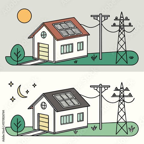 Eco-Friendly Home with Solar Panels: A detailed illustration showcasing a home utilizing solar panels, representing sustainable living with day and night scenes.