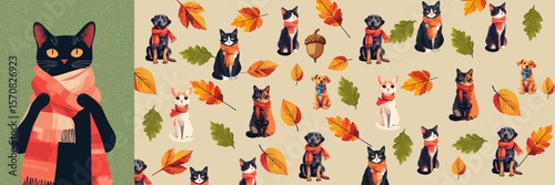 Autumn Pets Pattern Set - Cats and Dogs in Scarves
