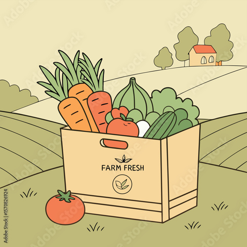 Fresh Harvest Bounty: A rustic wooden crate overflowing with a vibrant array of fresh produce, symbolizing the essence of farm-to-table goodness and healthy eating.