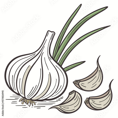 Fresh Garlic Close-up: A detailed illustration of a fresh garlic bulb, accompanied by individual cloves and green leaves, rendered in a rustic style.