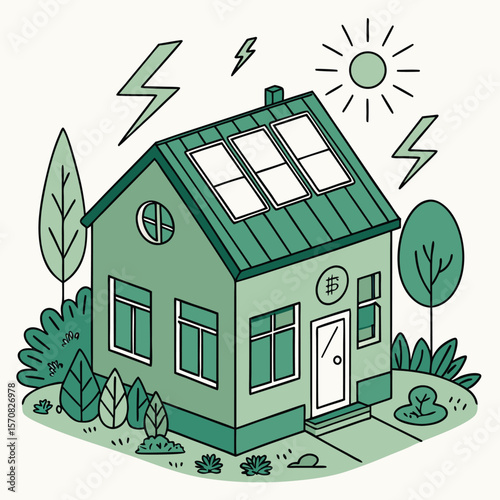 Green Home Powered by the Sun: An illustrated eco-friendly home, adorned with solar panels, nestled amidst lush greenery and bathed in the energy of the sun, symbolizing sustainability.