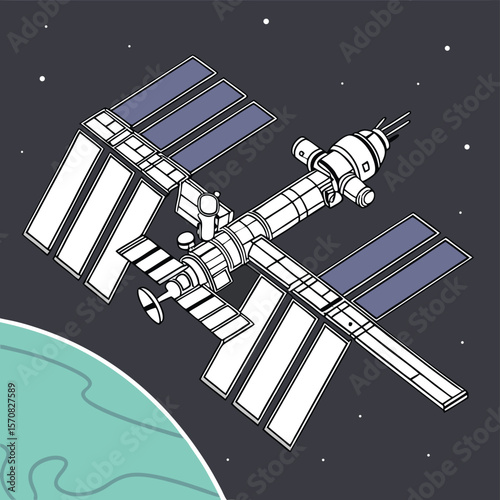 Space Station Above Planet: A detailed schematic of a state-of-the-art space station orbits a vibrant blue planet, set against a deep, star-studded cosmos.
