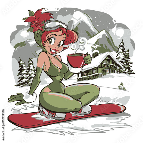 Cheerful Cartoon Woman Snowboarding in Winter Wonderland with Coffee