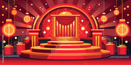 Elaborate stage with red and orange hues performance