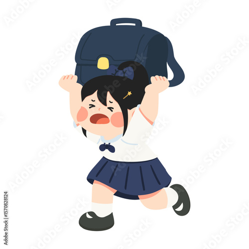 Illustration of Schoolgirl Struggling with Heavy Backpack