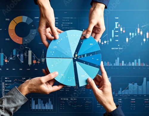 Investment portfolio management. Diversified strategy using stocks, bonds and commodities. Pie chart and candlestick charts.