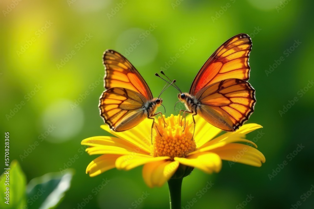 Fototapeta premium Two butterflies feeding on vibrant yellow bloom, delicate, insect