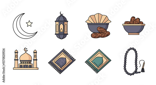 Islamic Symbols Icon Set - Mosque, Dates, Lantern, Prayer Beads, Prayer Mat, Moon, Star