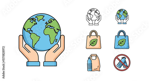 Environmental and Ecology Icons - Hands Holding Earth, Reusable Bag, No Plastic, Recycling, Conservation