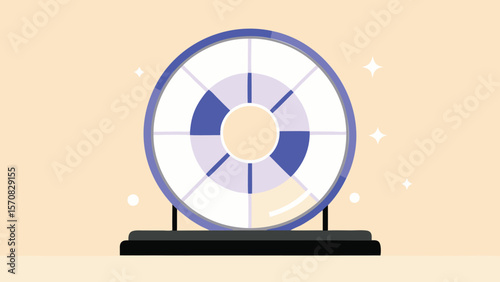 Illustration of a wheel of fortune with blue and white segments on a stand with sparkles around
