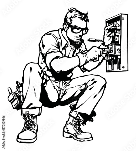 Detailed Hand-Drawn Illustration of Technician Working with Electrical Panel