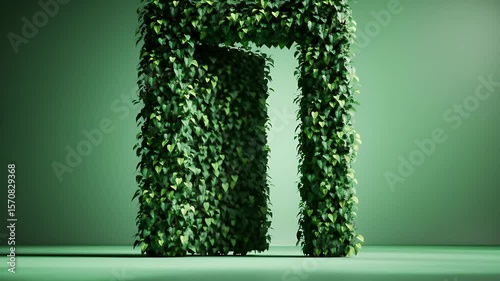 Verdant Archway Structure Covered in Lush Green Leaves Against a Soft Green Background