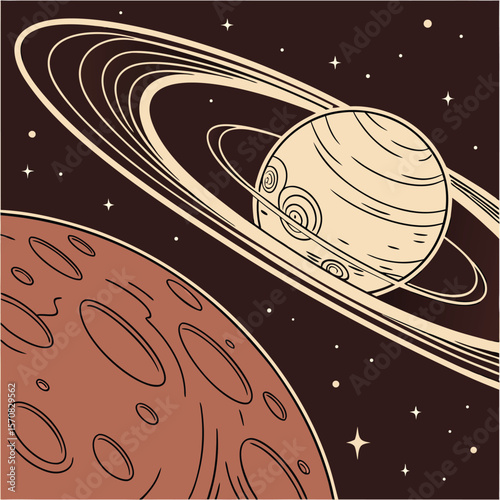 Planetary Cosmos: A stunning illustration of a cosmic scene featuring the ringed planet amidst the vast expanse, stars.