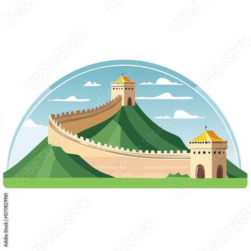 Cartoon Illustration of the Great Wall of China on Green Hills.
